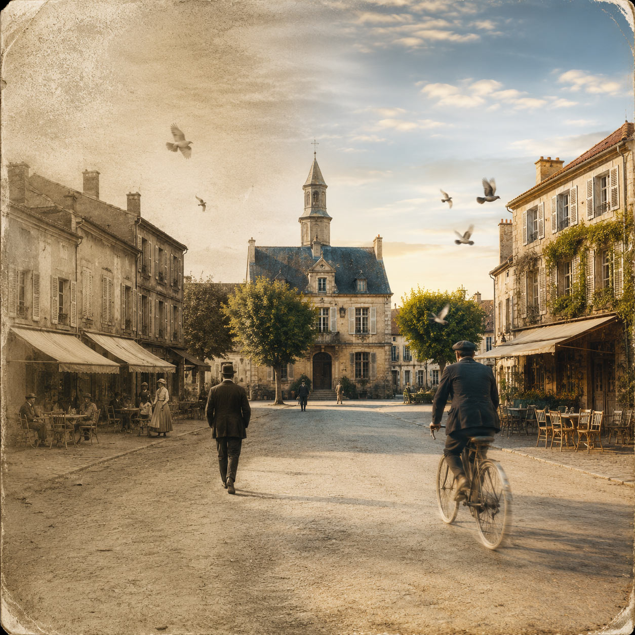 Place de la mairie animée d'un village français au début du XXe siècle : passants, cycliste et terrasses de café.